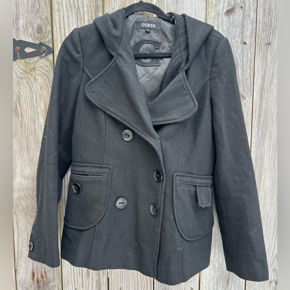 GUESS Hooded Black Pea Wool Blend Coat Jacket Women’s Medium